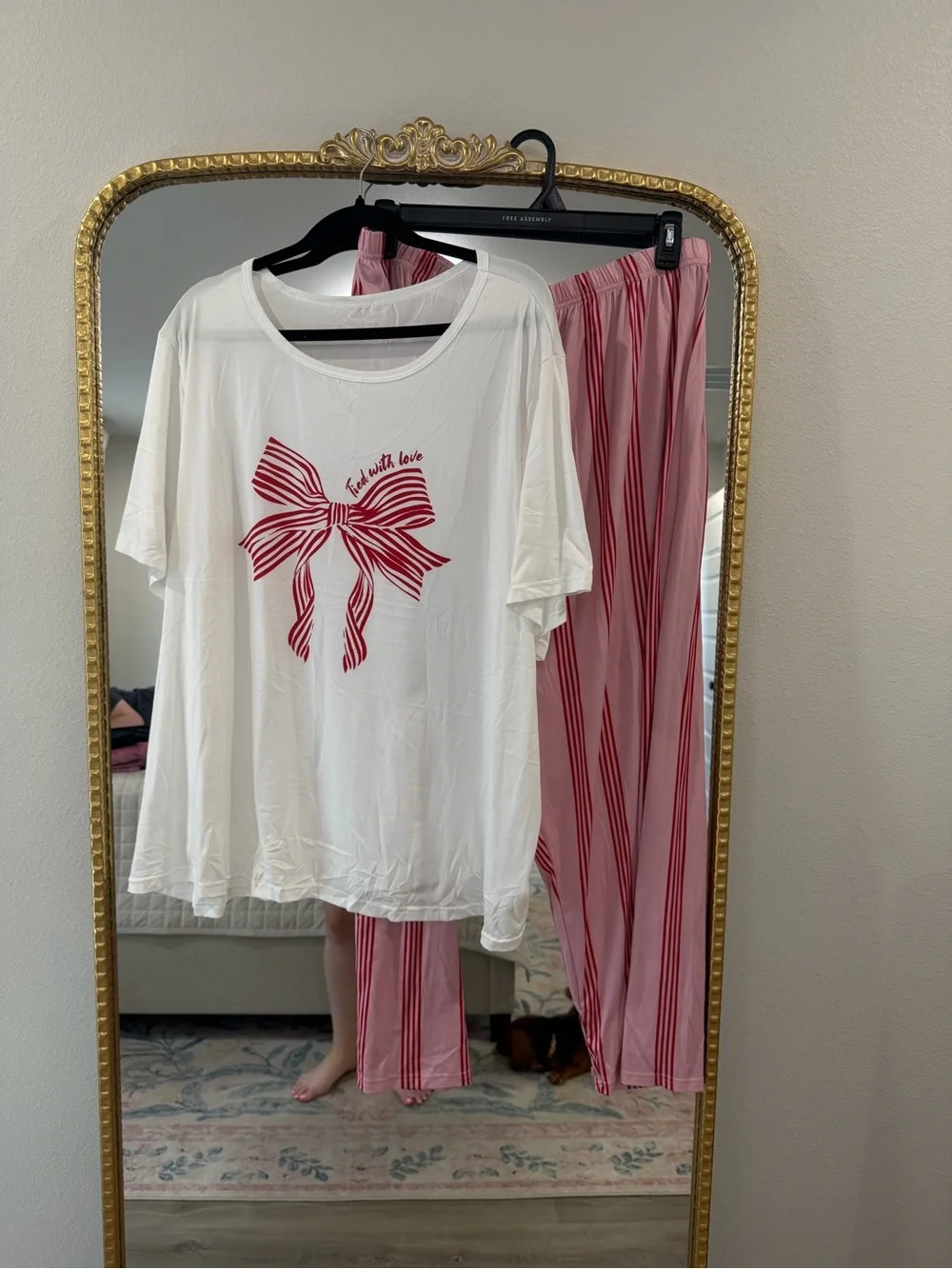 White Top & Pink Striped Bow-Print Pajama Set